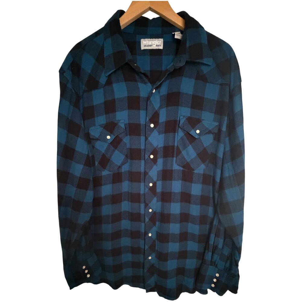 Wrangler Wrancher Plaid Pearl Snap Western Shirt Blue Black Mens 2XT